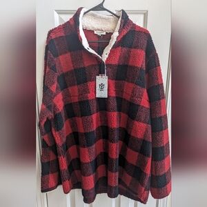 Andree Red and Black Checkered Snap Front Sherpa Sweater Jacket
